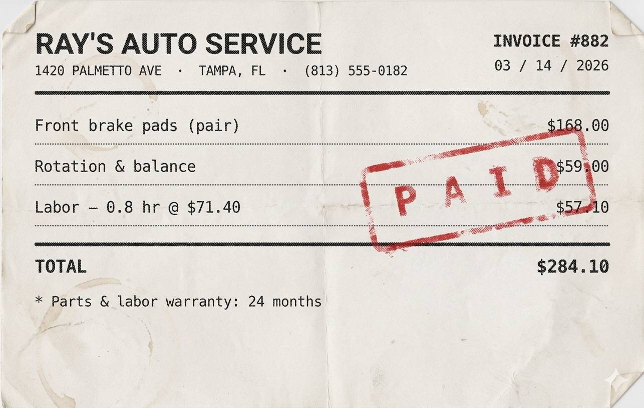 Garage invoice #882 with PAID stamp