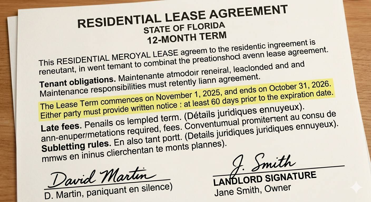 Residential lease with highlighted notice clause